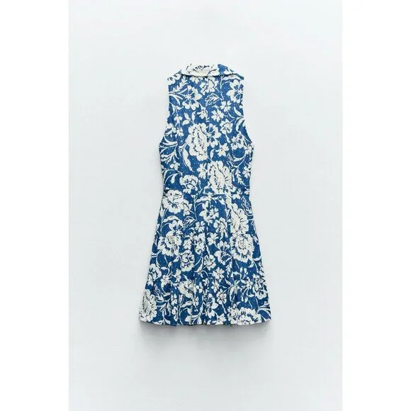 ZARA Womens Blue White Floral Embroidered Sleeveless Dress Size XL - Picture 5 of 15